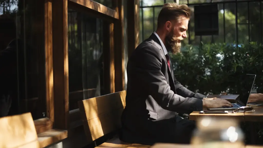 Business traveller working on a laptop at an outdoor table
