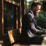 Business traveller working on a laptop at an outdoor table